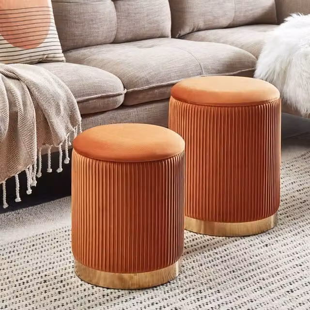Wyld and Coco Set of 2 Orange Velvet Cylindrical Storage Pouffes with Gold Metal Base