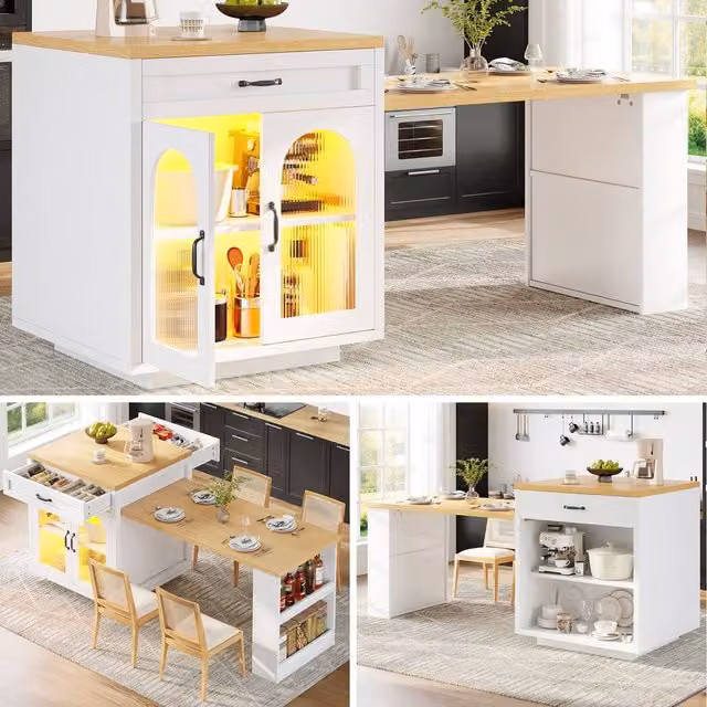 BTM Extendable Kitchen Island with LED Lighting, White Storage Cabinet featuring Drawers and Shelves, W/D/H: 94.0 x 61.8 x 59.0 cm