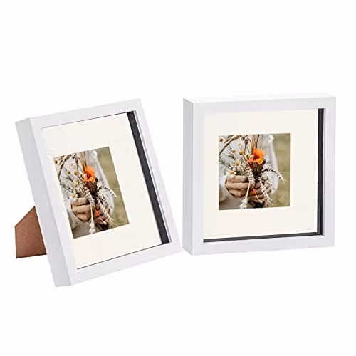 Nicola Spring 2 Piece Square 3D Shadow Box Photo Frame Set in White with Glass and Plastic Details