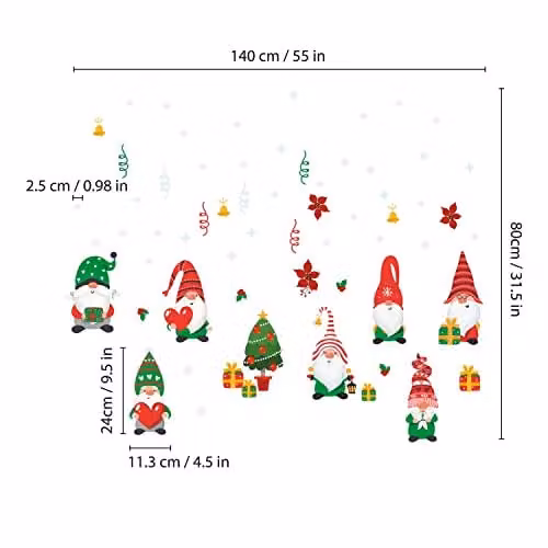 WALPLUS Christmas Gnomes and Snowflakes Window Stickers, 63-Piece Multicolour Reusable and Removable Set – 4
