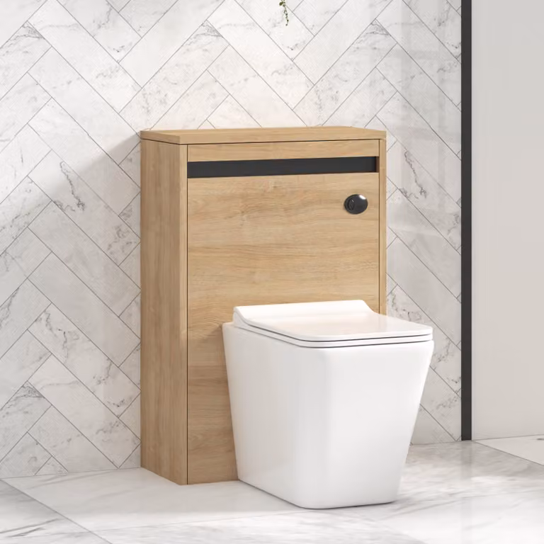 Royal Bathrooms Orion Natural Oak Wall Mounted WC Unit with Elena Rimless Ceramic Toilet Pan, Slim Soft Close Seat and Cistern, Black Accent Trim, Width: 54 cm