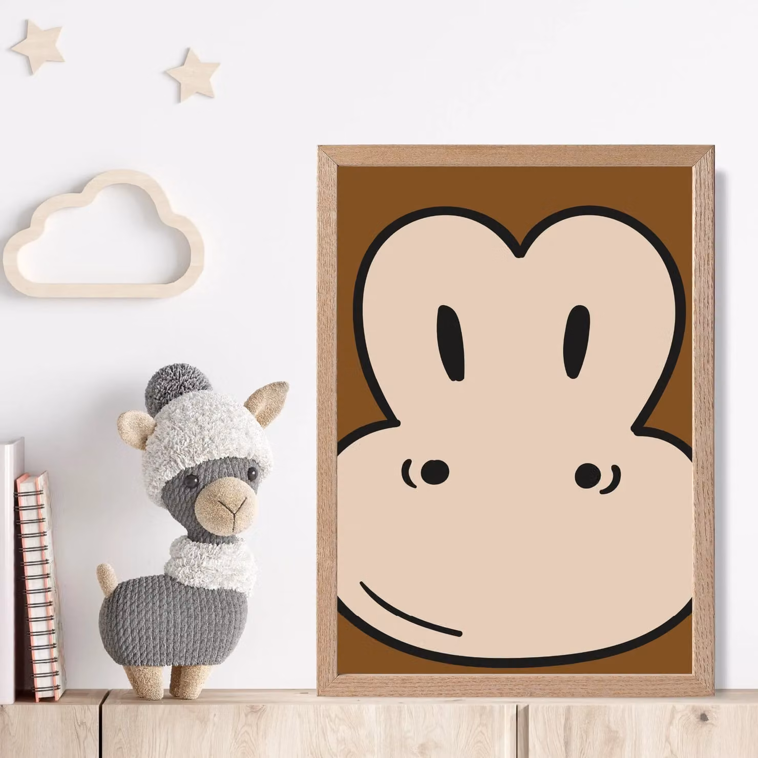 ARTZE Monkey Face Cartoon Style Framed Print with Brown Oak Wood Frame, A2 – 2