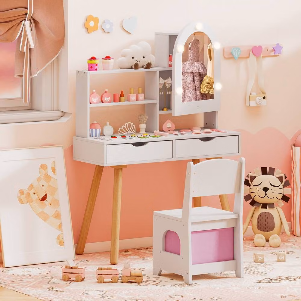 Gymax Pretend Play Dressing Table Set with 3-Colour Light Mirror and Cabinet in White – 2