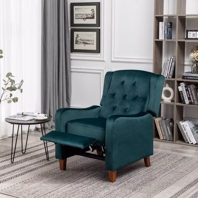 FURNITURE ONE Green Velvet Wingback Recliner Armchair with Adjustable Backrest and Integrated Footrest – 1