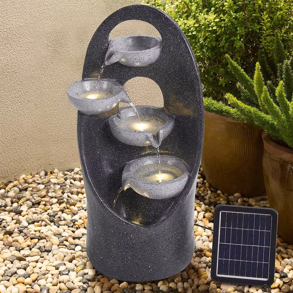 Living and Home 4-Tier Solar Powered Cascade Garden Water Fountain in Grey, W/D/H: 26 x 26 x 68 cm – 4
