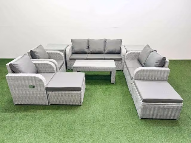 Fimous Grey PE Rattan Garden Furniture Set with 3 Seater Sofa, Armchair, Coffee Table and Ottoman with Weather Resistant Cushions