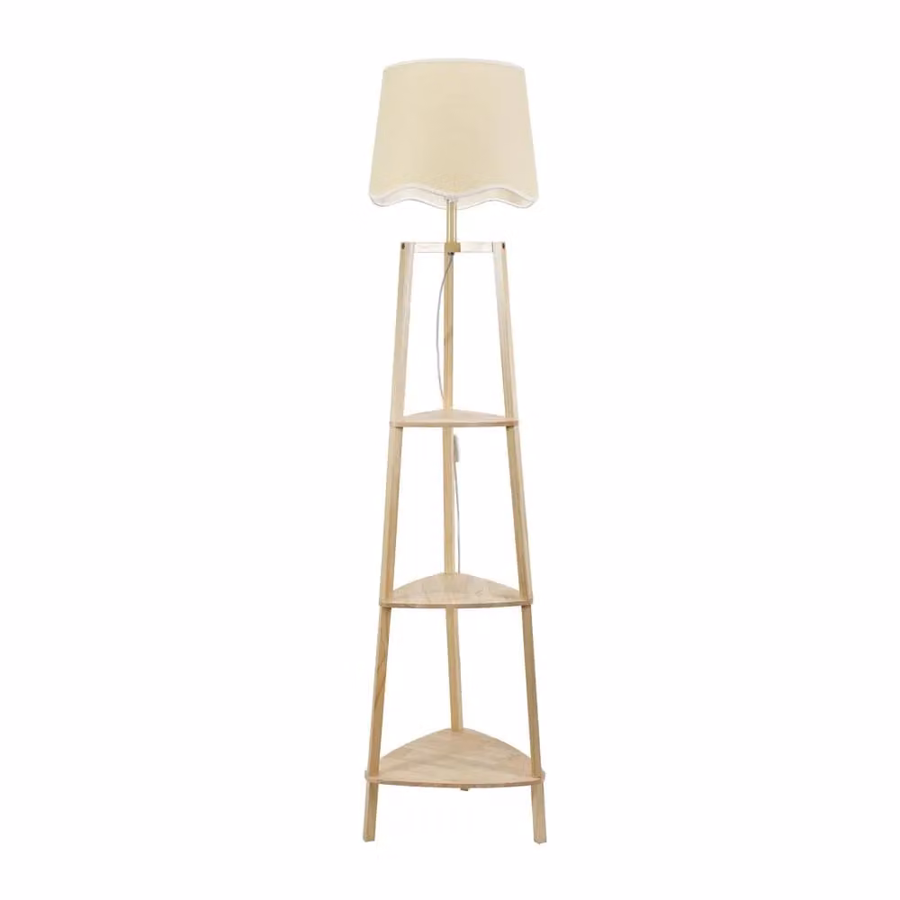 ValueLights Hiru Natural 3 Tier Wooden Shelf Floor Lamp with White Scallop Edge Fabric Shade – 2