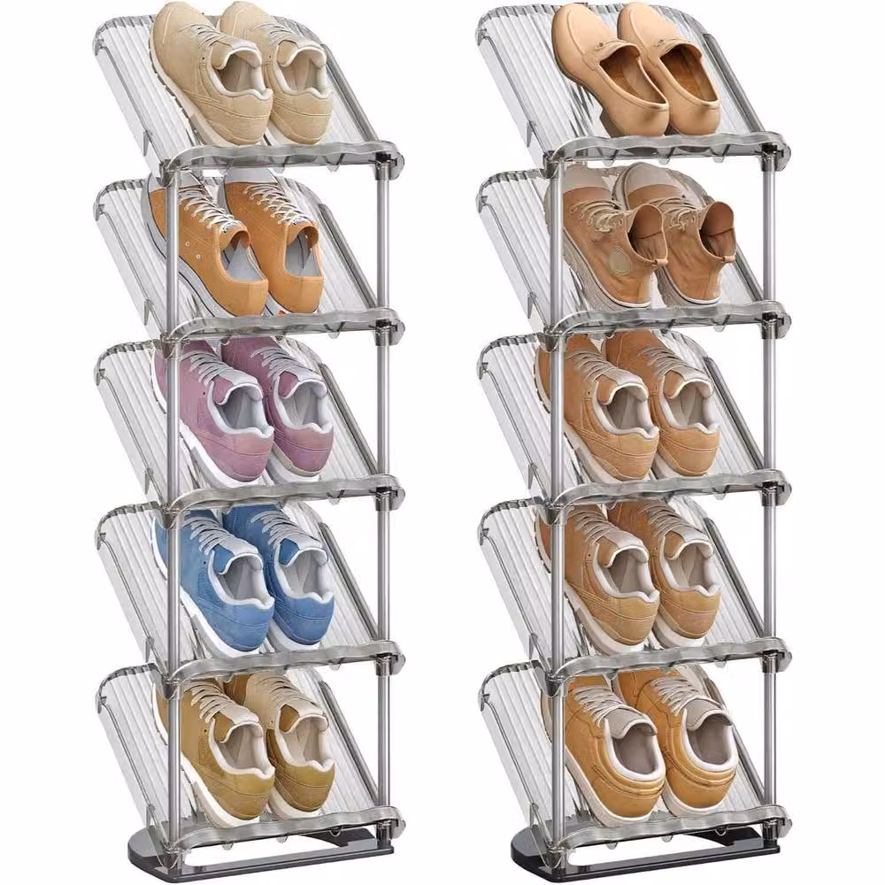 The Bazaarist Set of 2 Slim 5 Tier Sloping Shoe Racks, Grey and Silver – 2