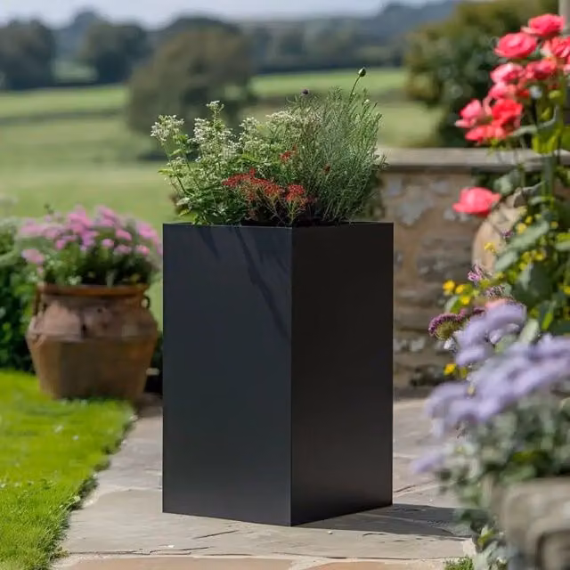 Woven Wood Matte Black Tall Square Planter with Galvanised Steel Tub, Height: 50 cm