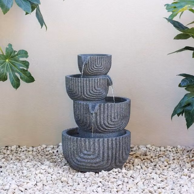 Primrose Lyne Grey Stacked Bowls Outdoor Patio Water Feature with LEDs and Cascade Effect, Height: 49.5 cm