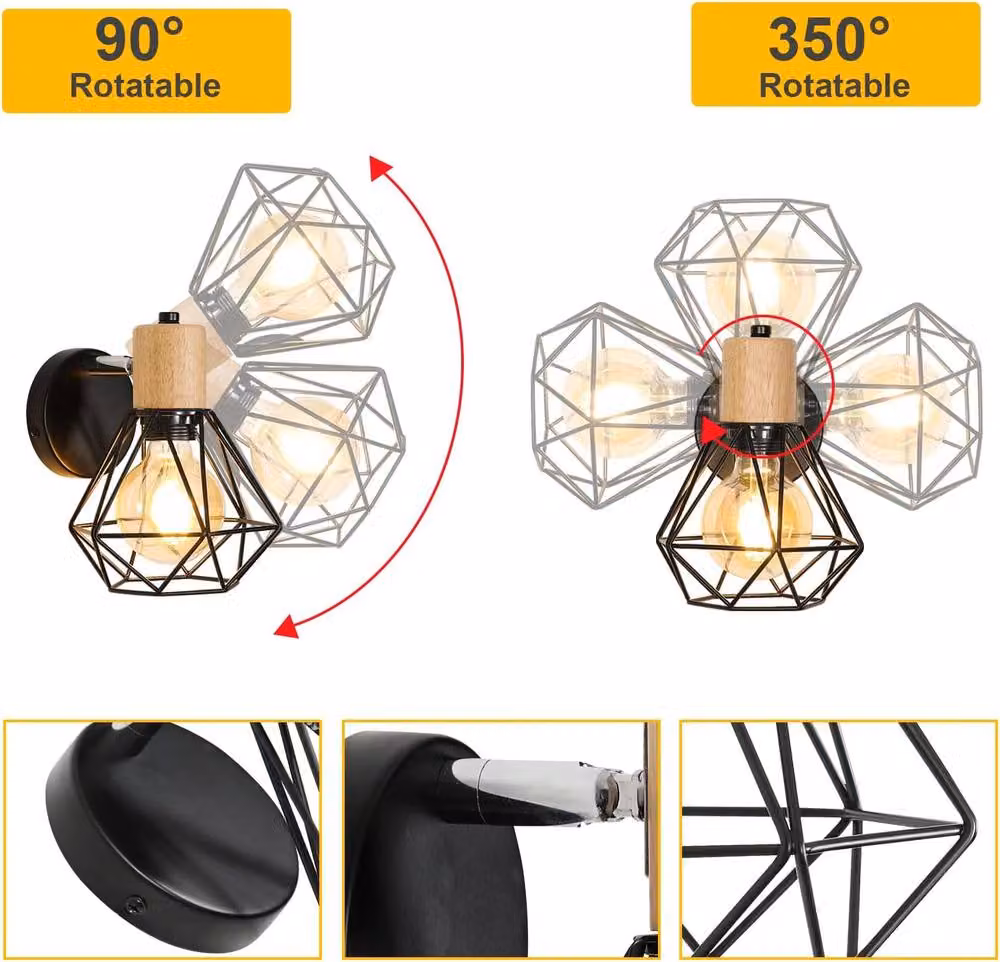 Goeco Pack of 2 Industrial Vintage Wall Lights in Black and Wood with 360 Degree Adjustable Omnidirectional Design – 2