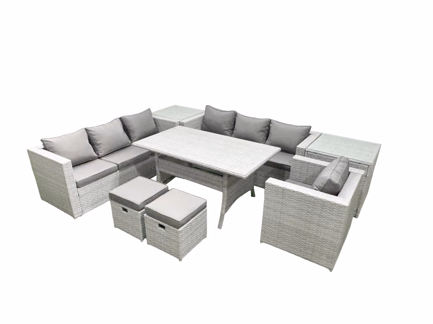 Fimous 8 Piece Grey Rattan Outdoor Sofa Set with Cushions, Armchair, Dining Table, 2 Side Tables and 2 Footstools – 2