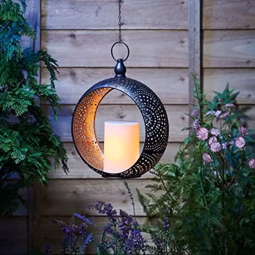 mysmartbuy Metal Hanging Lantern with Solar Powered LED Candle, Black and Gold Outdoor Garden Ornament, H60 x W24 x D10 cm – 1