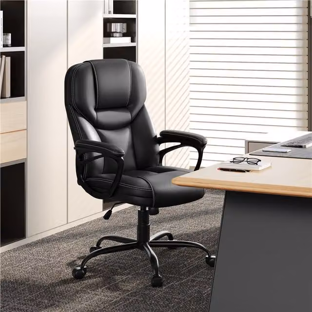 Yaheetech Executive Office Chair with Ergonomic High Back, Black Synthetic Leather Swivel Chair with Armrests and Castors