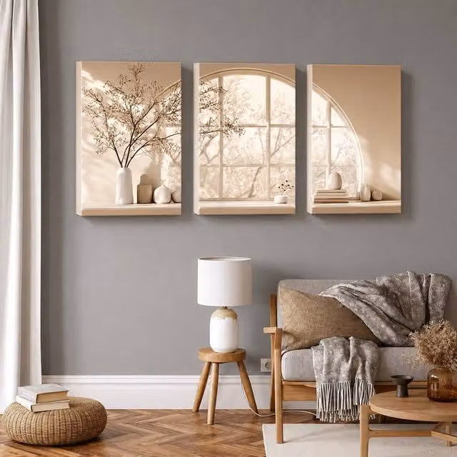 Mafett Neutral Window View Canvas Wall Art Set of 3 Beige Abstract Botanical Prints, W: 45.7 cm, H: 61.0 cm