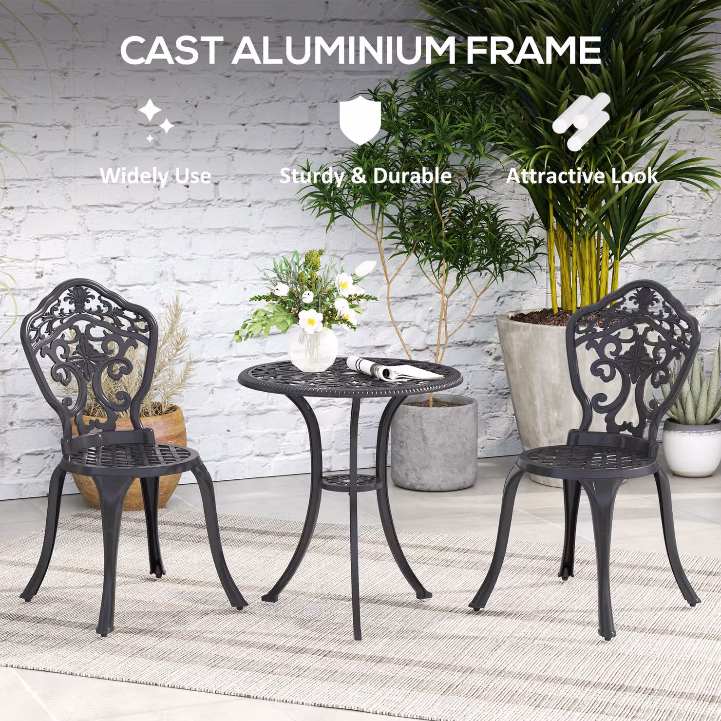 Outsunny 3 Piece Cast Aluminium Garden Bistro Set with Round Coffee Table and 2 Chairs in Matt Black – 4