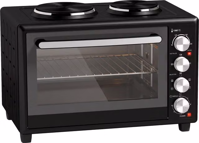 HOMCOM 36L Mini Electric Countertop Oven with Dual Hot Plates, Convection and Grill, Black – 1