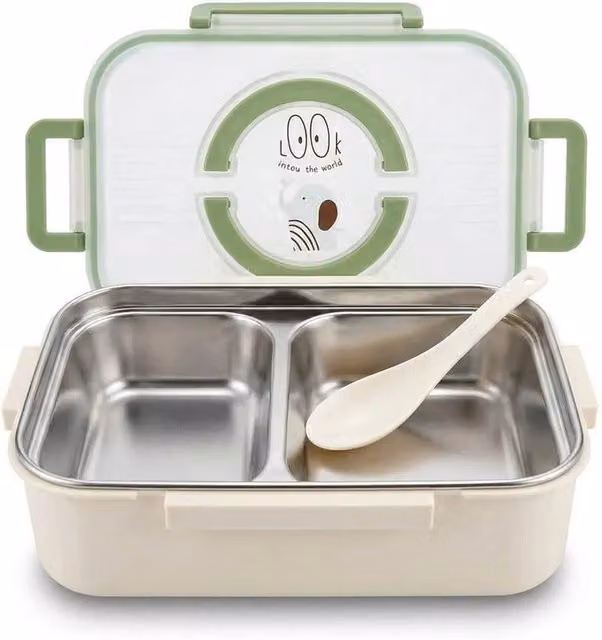 NESTLUNE Stainless Steel Lunch Box with 2 Compartments in Green, Leakproof and Insulated – 1