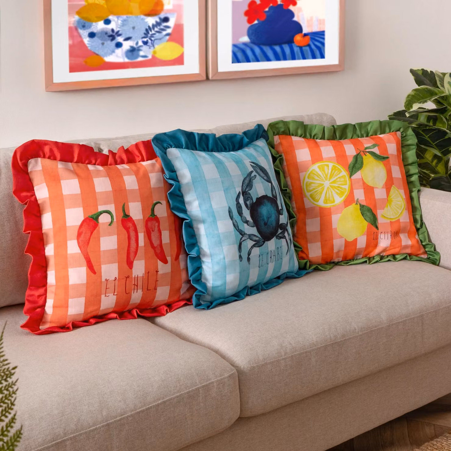 furn Gingham Citron Checked Ruffle Cushion in Yellow and Multicolour, W/D/H: 43 x 43 x 43 cm – 5