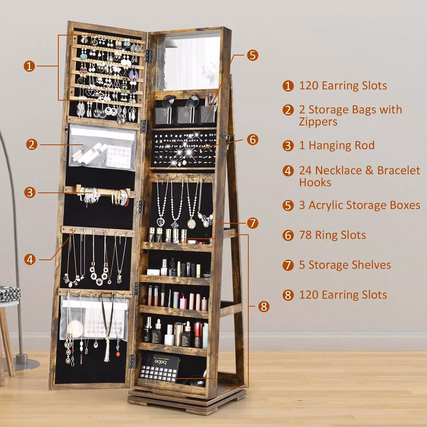 Costway 3-in-1 Rotating Mirrored Jewelry Armoire in Brown, Freestanding Lockable Large Capacity Organizer with Makeup Mirror – 5