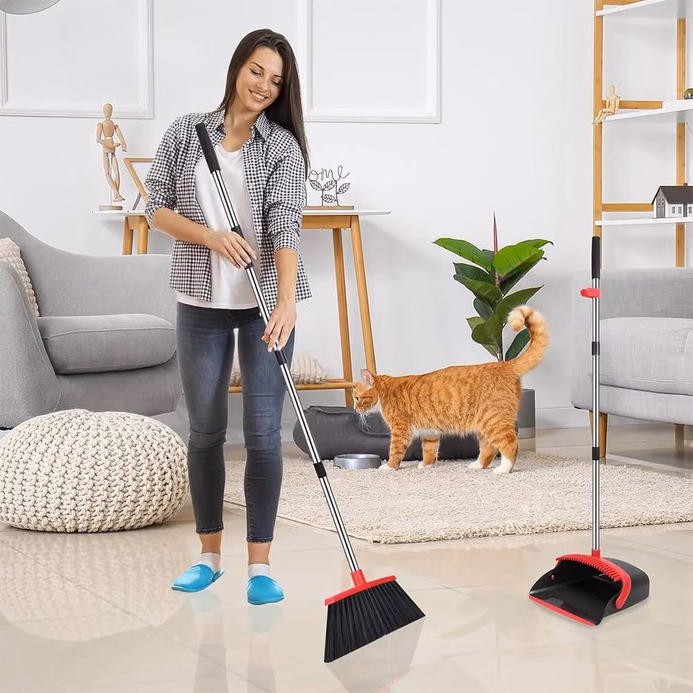 Ventryn Dustpan and Brush Set with Long Aluminium Handle and Red Plastic Broom – 7