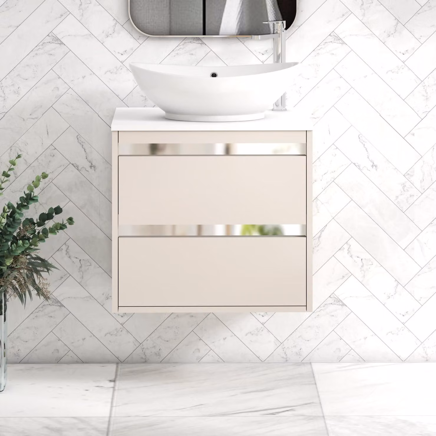 Royal Bathrooms Orion 600mm Warm Taupe Wall Hung 2 Drawer Vanity Unit with Amaze White Basin and Chrome Accent Trim
