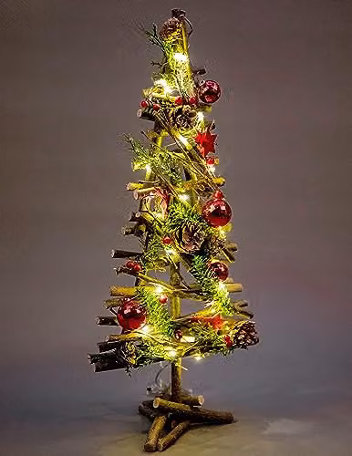 SHATCHI 50cm Prelit Battery Operated Tabletop Christmas Tree with Red Baubles, Berries, Stars, Foliage and Pine Cones on a Wooden Twigs Base