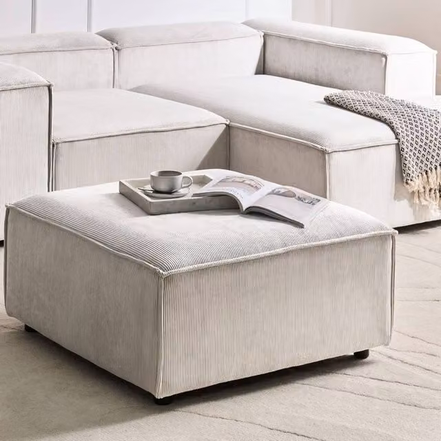 Wyld and Coco Off-White Corduroy Square Ottoman Footstool with Black Legs