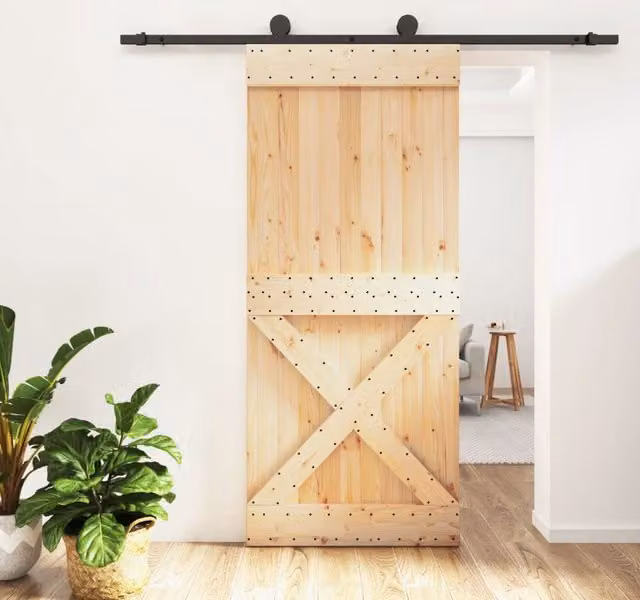Berkfield Home Rustic Solid Wood Pine Sliding Door with Hardware Set, Brown, W: 90 cm, H: 210 cm