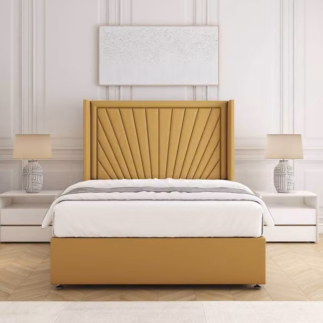 BSSPOKE Alina Divan Bed Set with 54 inch Headboard and Mattress in Mustard Yellow Plush Velvet, W/D/H: 180 x 200 cm