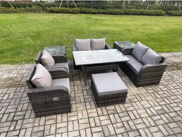 Fimous 7-Seater PE Rattan Garden Dining and Lounge Set in Dark Grey with Dark Grey Fabric