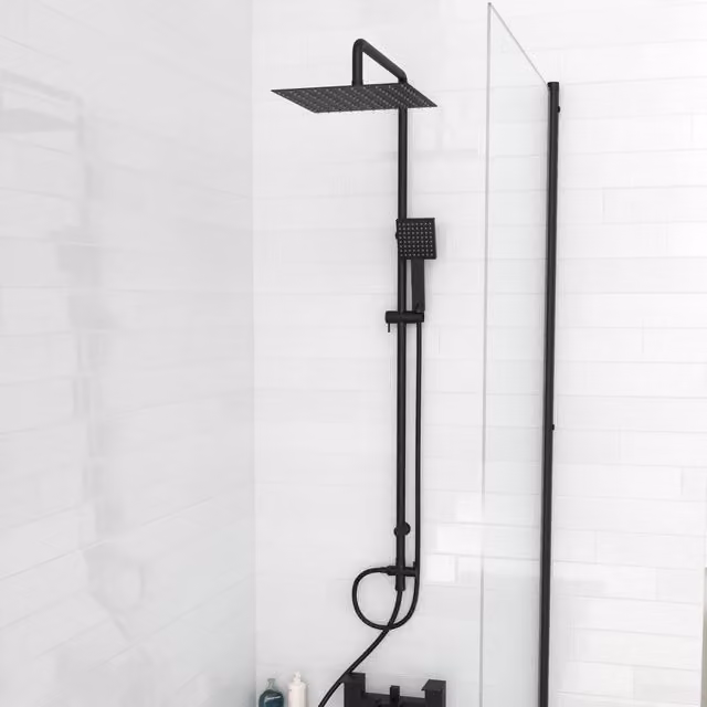 Nes Home Modern Exposed Square Shower Mixer Handset and Riser Rail Kit in Matte Black