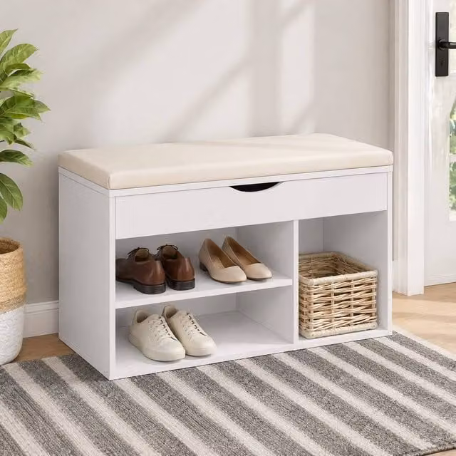 STILVORA Shoe Cabinet Bench with Padded Synthetic Leather Seat in White – 1