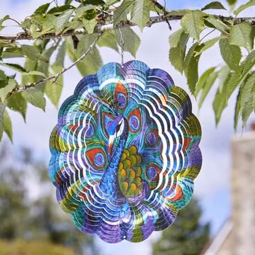 mysmartbuy Peacock Spinner Blue Multicolour Stainless Steel Hanging Garden Decoration, Diameter: 30 cm