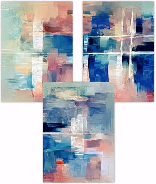 ARTZE Set of 3 Modern Geometric Abstract Stroke Paper Posters in Blue, Pink and White, W: 42 cm, H: 59 cm