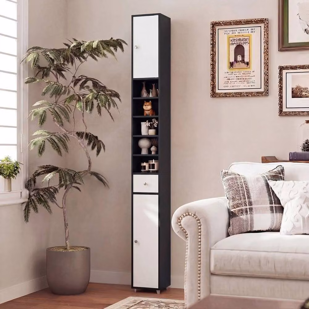 Kelvenix Modern Freestanding Floor Storage Cabinet with 2 Hinged Doors and Internal Shelves in Matt Black, H 180 x W 20 cm – 5