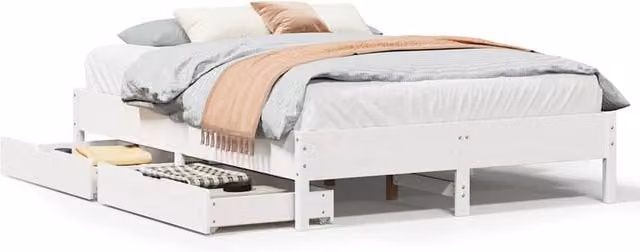 Berkfield Home Small Double Solid Wood Pine Bed Frame with Drawers, White, W/D/H: 120 x 190 x 36.5 cm