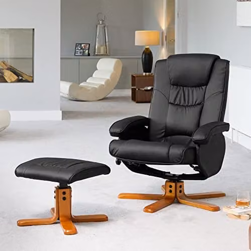 Artemis Home Severn Black Bonded Leather 360 Degree Swivel Recliner Chair and Matching Footstool