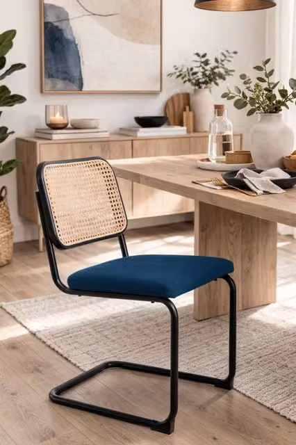 Fusion Living Camden Cantilever Dining Chair in Blue Fabric and Metal – 1