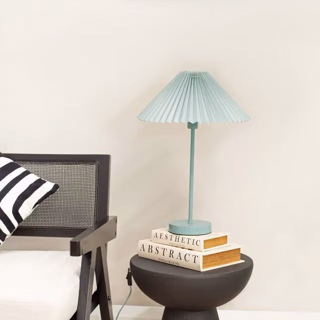 ValueLights Akira Blue Metal Table Lamp with Pleated Fabric Shade, H 48.5 cm x W 34.5 cm x D 34.5 cm