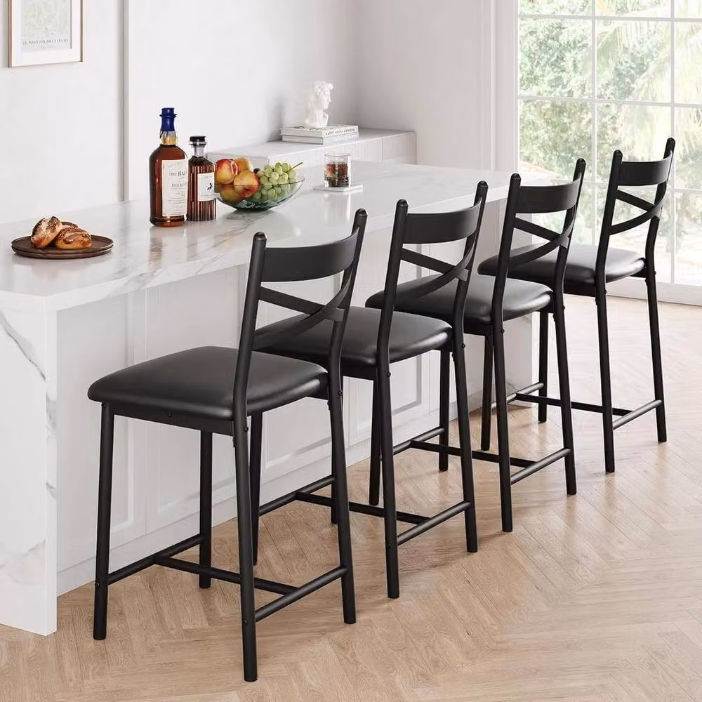 VOGREX Set of 2 Black Synthetic Leather Counter Height Bar Stools with Metal Legs – 3