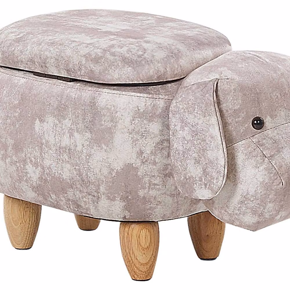 Wyld and Coco Beige Velvet Kids Animal Stool with Rubberwood Legs and Storage – 2