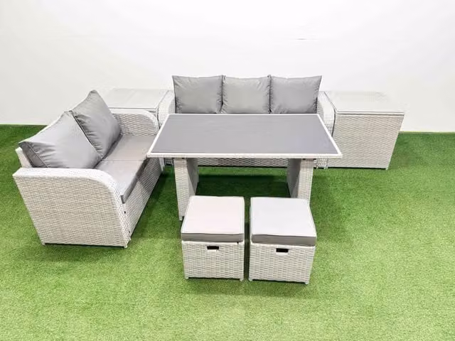 Fimous Garden Furniture Set with Rectangular Dining Table and 2 Small Stools in Light Grey
