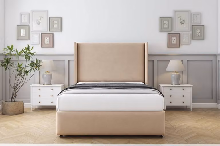 Sloomy Stratford Plush Divan Set in Stone with Wingback Headboard and Footboard, W/D/H: 120 x 200 cm