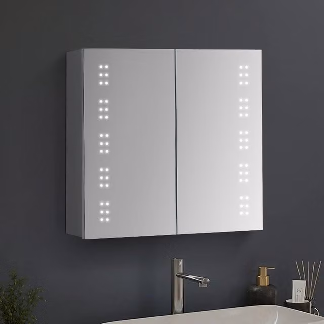 Livingandhome Modern Silver Wall Mounted Bathroom Mirror Cabinet with Dotted LED Lighting, Shaver Socket and Anti-Fog Feature