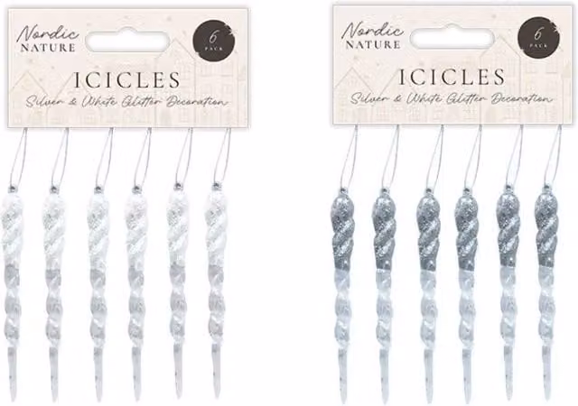 Garden Greatness Set of 12 White and Silver Glitter Icicle Hanging Christmas Decorations