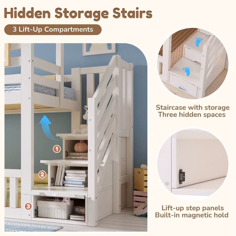 Rolipo Kids White Wooden Treehouse Bunk Bed with Storage Stairs – 4