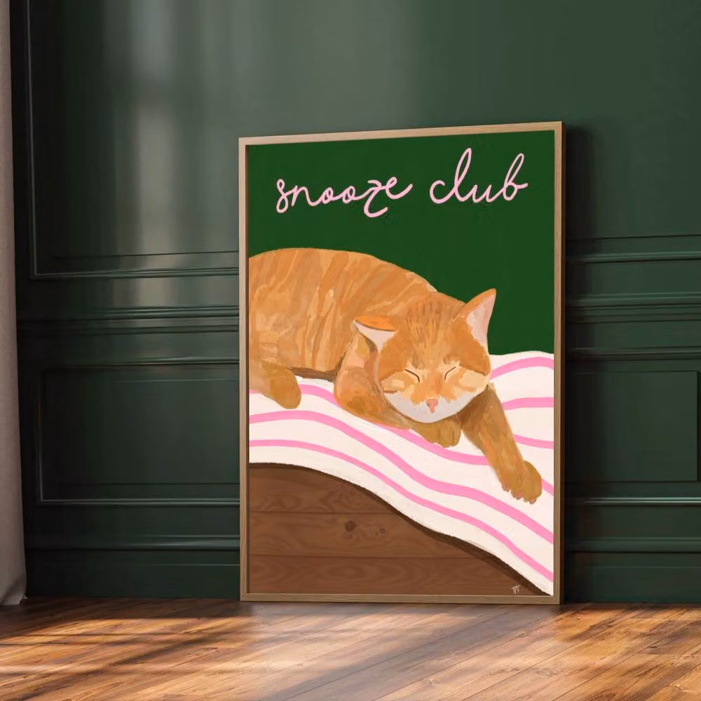 The Paper Tail Snooze Club Ginger Cat Art Print in Orange and Multicolour, Size: A3 – 3