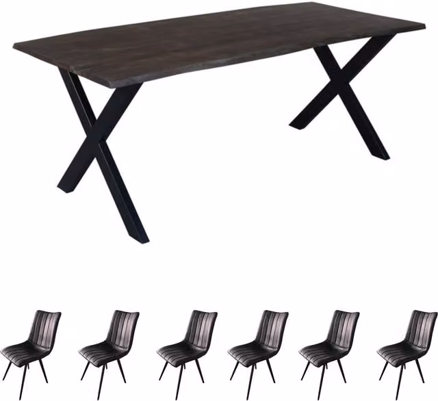 IH Design Live Edge Acacia Wood and Metal Rectangular Dining Table Set with 6 Grey Chairs