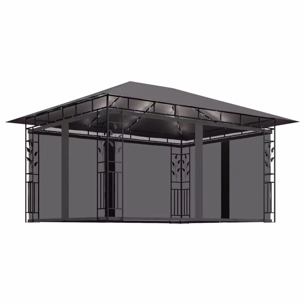 Berkfield Home Anthracite Gazebo with Mosquito Net and LED String Lights, W: 400 cm, D: 300 cm, H: 273 cm – 3